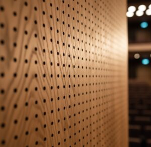 Close-up of Murano perforated timber acoustic panel with uniform circular holes and natural wood grain.