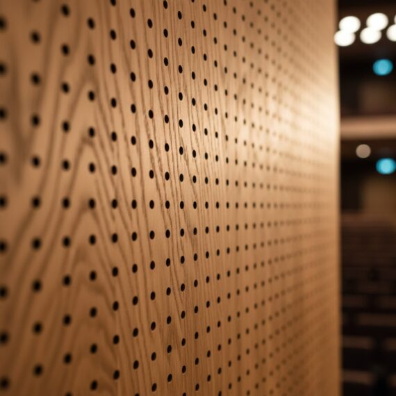 Close-up of Murano perforated timber acoustic panel with uniform circular holes and natural wood grain.