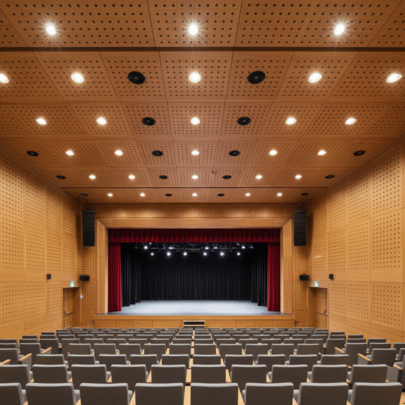 Auditorium interior with Murano perforated timber panels on walls and ceiling providing clear sound and elegant design.