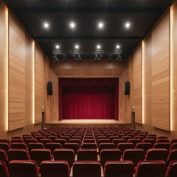 Theatre interior with Murano perforated timber wall panels and red stage curtain creating a warm, balanced acoustic environment.