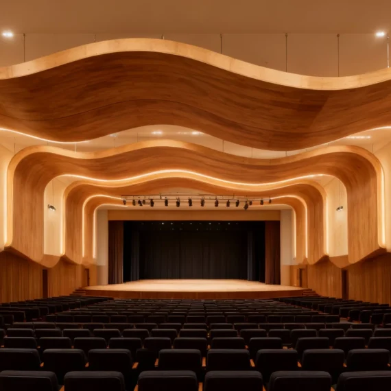 Auditorium with sculpted timber acoustic panels forming wave-like contours across walls and ceiling.