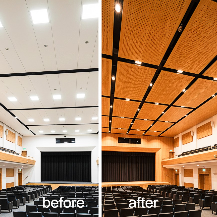 Before and after comparison showing auditorium ceiling upgraded with Murano perforated timber acoustic panels for improved sound and design.