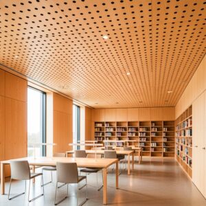 Library with Murano perforated timber acoustic panels on ceiling and walls, reducing echo and enhancing warmth.