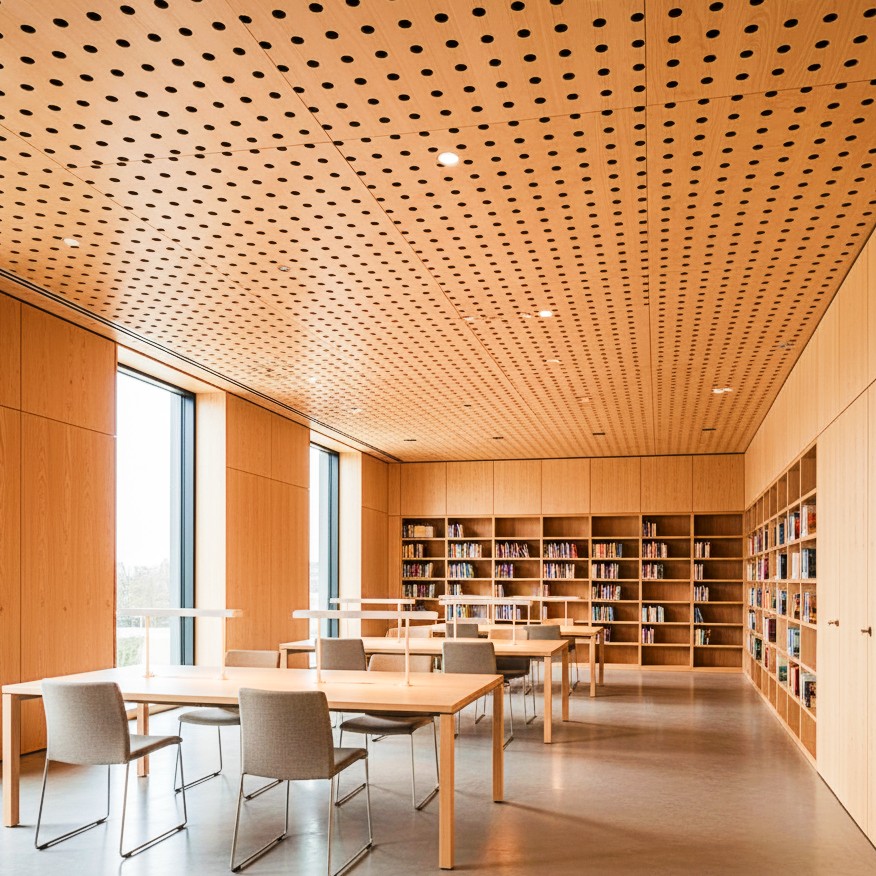 Library with Murano perforated timber acoustic panels on ceiling and walls, reducing echo and enhancing warmth.