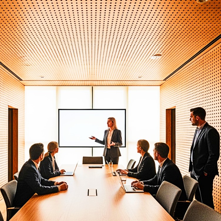Team meeting in a boardroom featuring Murano perforated timber acoustic panels on walls and ceiling for improved sound clarity.