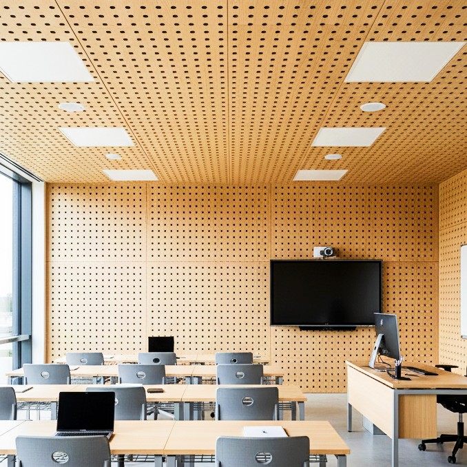 Modern classroom with Murano perforated timber acoustic panels on walls and ceiling, improving sound clarity and comfort.