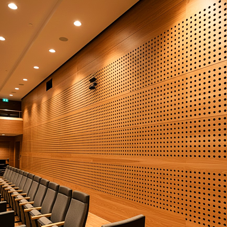 Lecture theatre featuring Murano perforated timber acoustic panels on walls for sound absorption and a warm architectural finish.