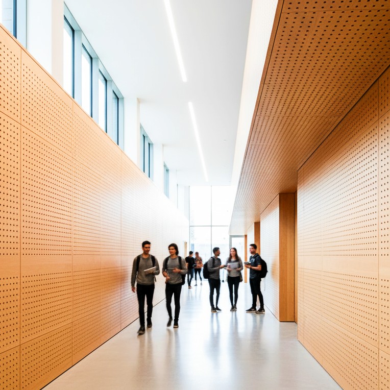 Students walking through a school corridor lined with Murano perforated timber acoustic panels on walls and ceiling.