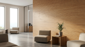 Grooved timber acoustic wall panels used as a linear feature in a modern interior space