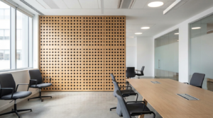 close-up of perforated timber acoustic panel with uniform hole pattern for office sound absorption