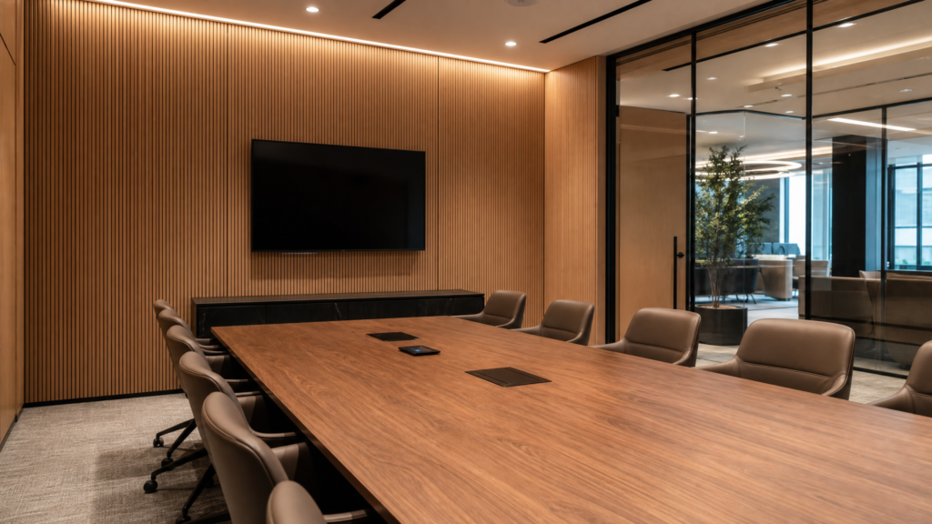 Murano G8 grooved timber acoustic wall panels in modern executive boardroom