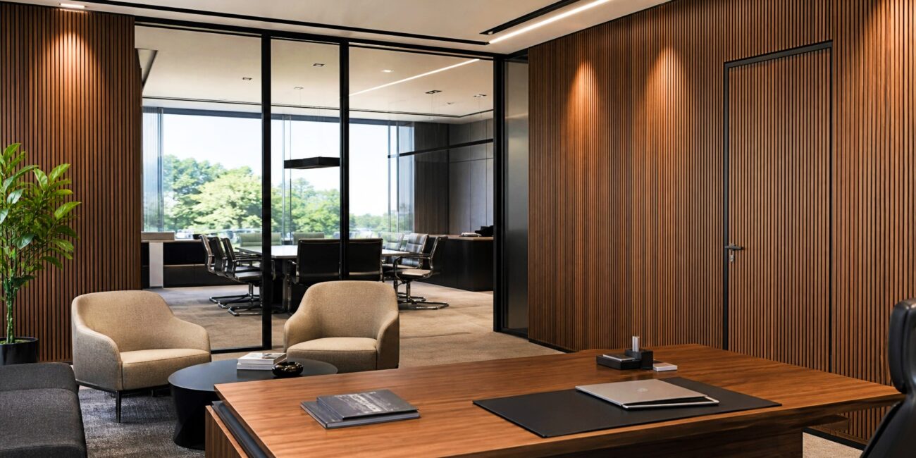 Murano G8 grooved timber acoustic wall panels in premium executive office and boardroom interior