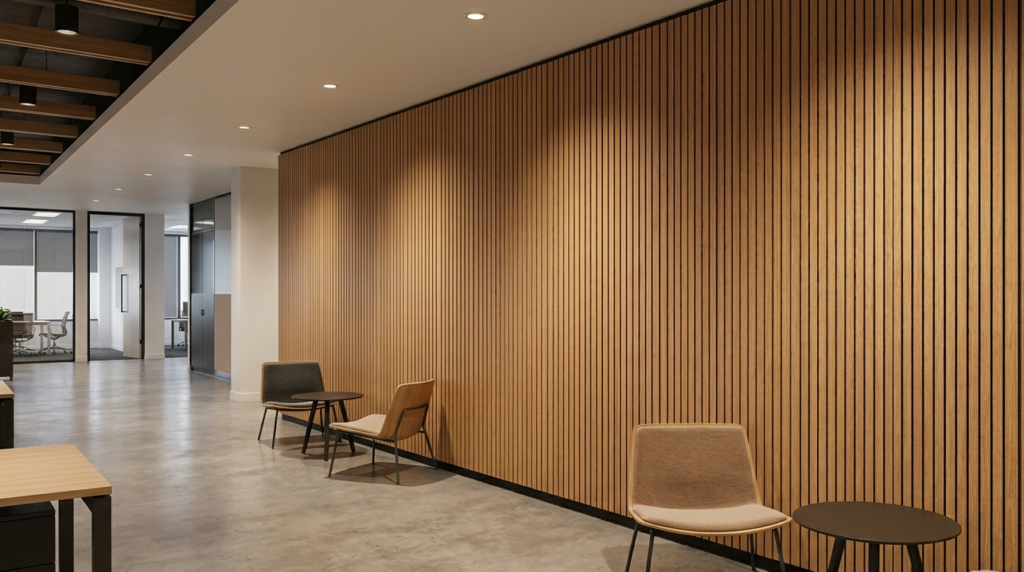 Murano G8 grooved timber acoustic wall panels in modern commercial office interior