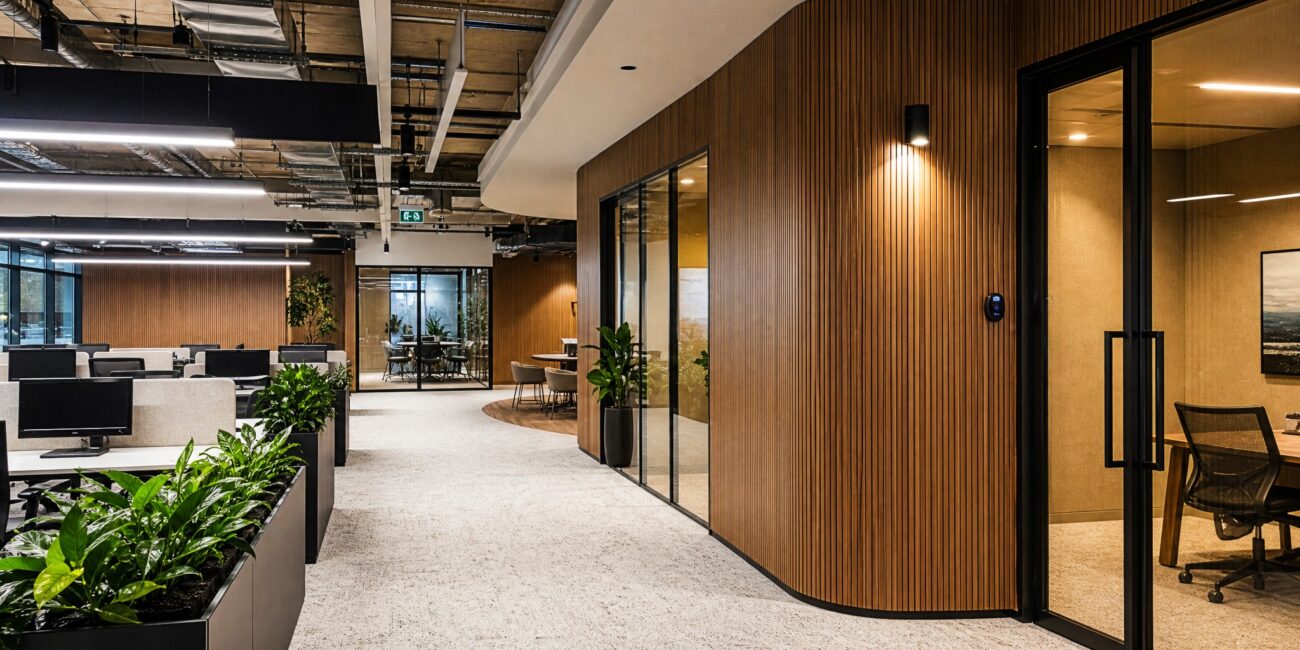 Murano Grooved Acoustic Timber Wall Panels in Contemporary Office