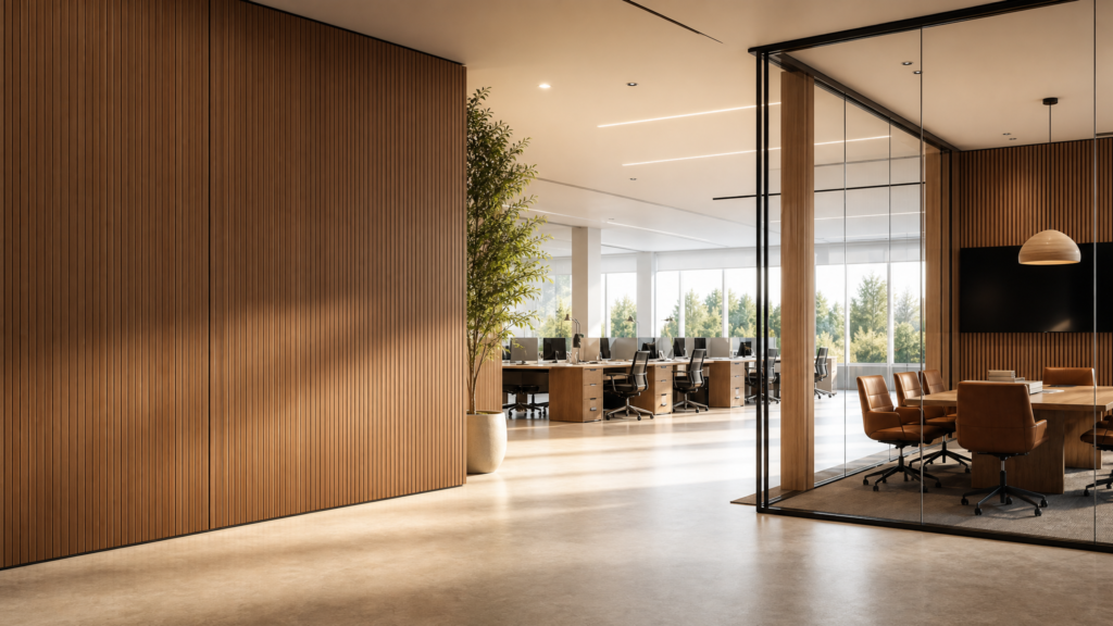 Murano linear grooved timber acoustic wall panels in modern office interior