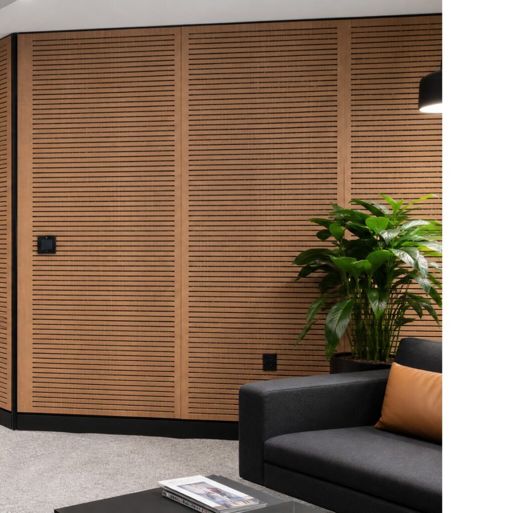 Modern office meeting area featuring Murano slotted acoustic timber wall panels, glazed meeting rooms and contemporary furniture.