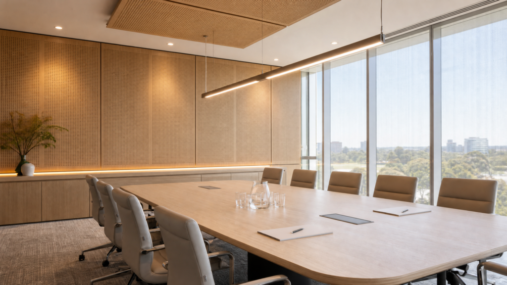 Executive boardroom featuring Murano micro-perforated timber acoustic wall panels and premium timber finishes.