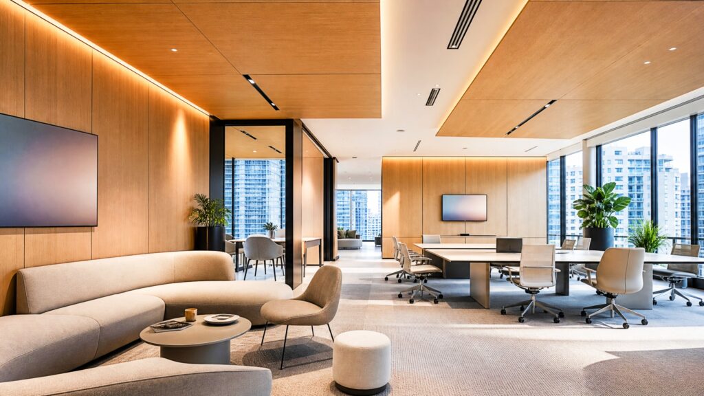 Modern commercial office featuring Murano perforated timber acoustic wall panels and micro-perforated timber acoustic ceiling panels in a premium workplace environment