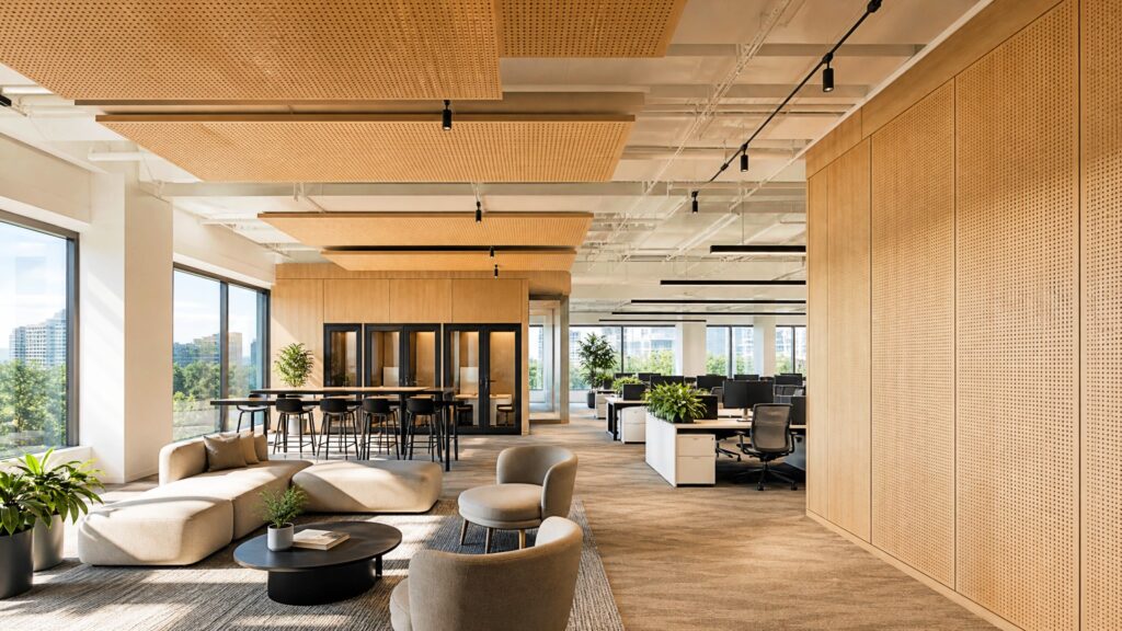 Open-plan office featuring Murano perforated timber acoustic wall panels and timber acoustic ceiling panels designed to improve workplace acoustics.