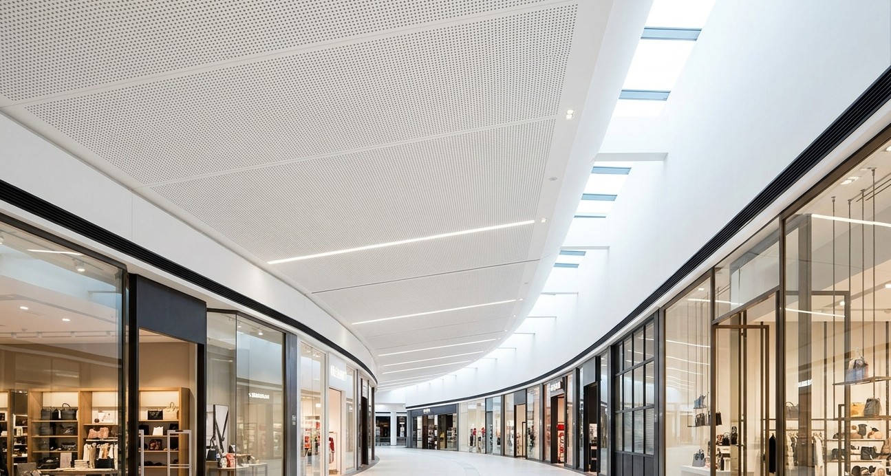Curved shopping centre concourse featuring Murano perforated timber acoustic ceiling panels and premium retail tenancies