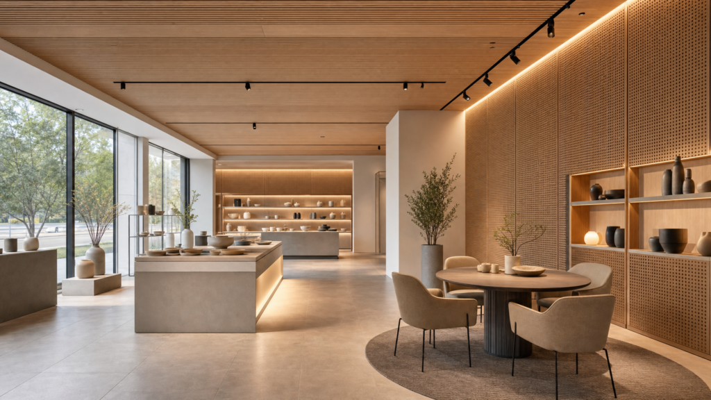 Premium retail showroom featuring Murano perforated timber acoustic wall panels and slotted timber acoustic ceiling panels integrated into a modern commercial fitout
