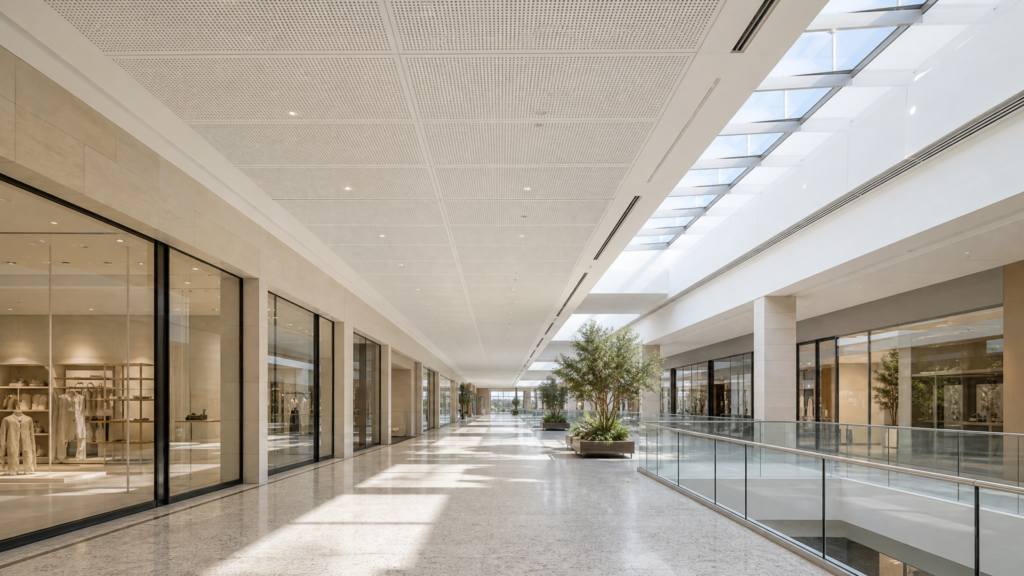 Shopping centre concourse featuring Murano perforated timber acoustic ceiling panels integrated into a premium retail environment