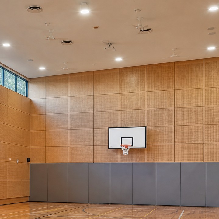 School basketball court featuring timber acoustic wall panels and polished sports flooring for improved reverberation control in a multi-purpose hall.