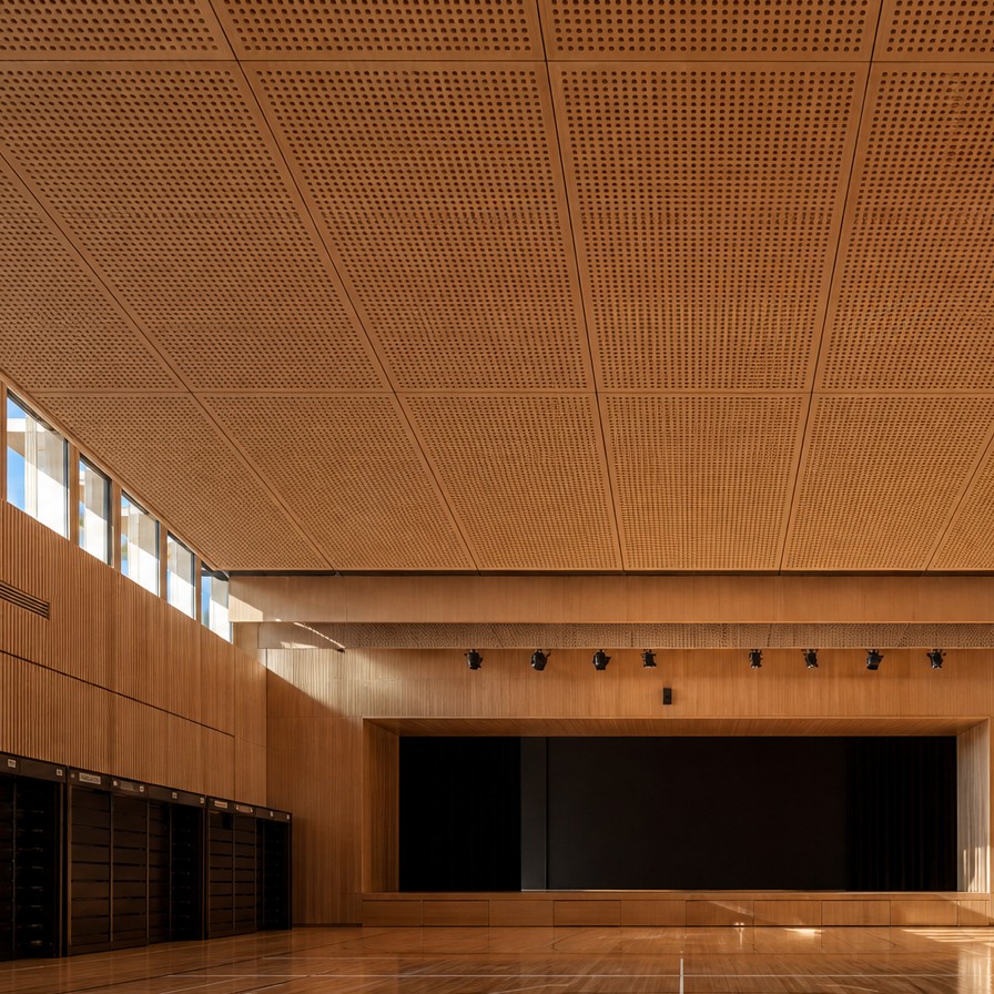 Large school multi-purpose hall featuring perforated timber acoustic ceiling panels and linear timber acoustic wall panels for reverberation control and speech intelligibility