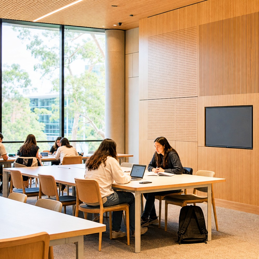 Modern school learning space featuring Murano perforated and slotted timber acoustic wall panels with integrated acoustic timber ceiling system