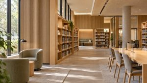 Linear grooved timber acoustic panels in a contemporary Australian library