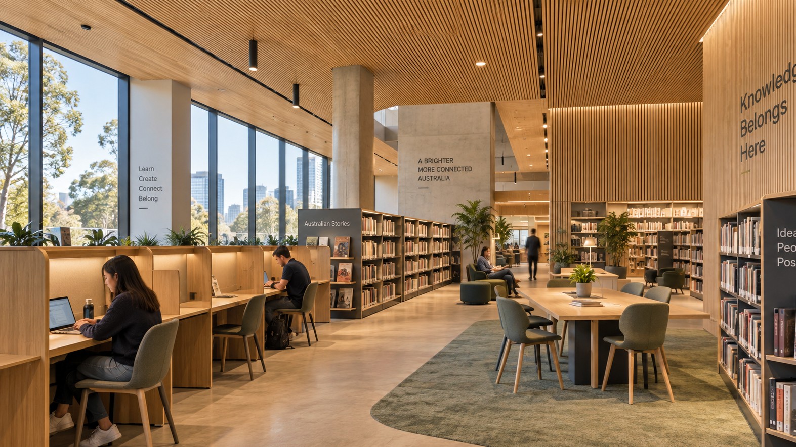 Timber acoustic wall panels integrated with shelving and lighting in a modern library