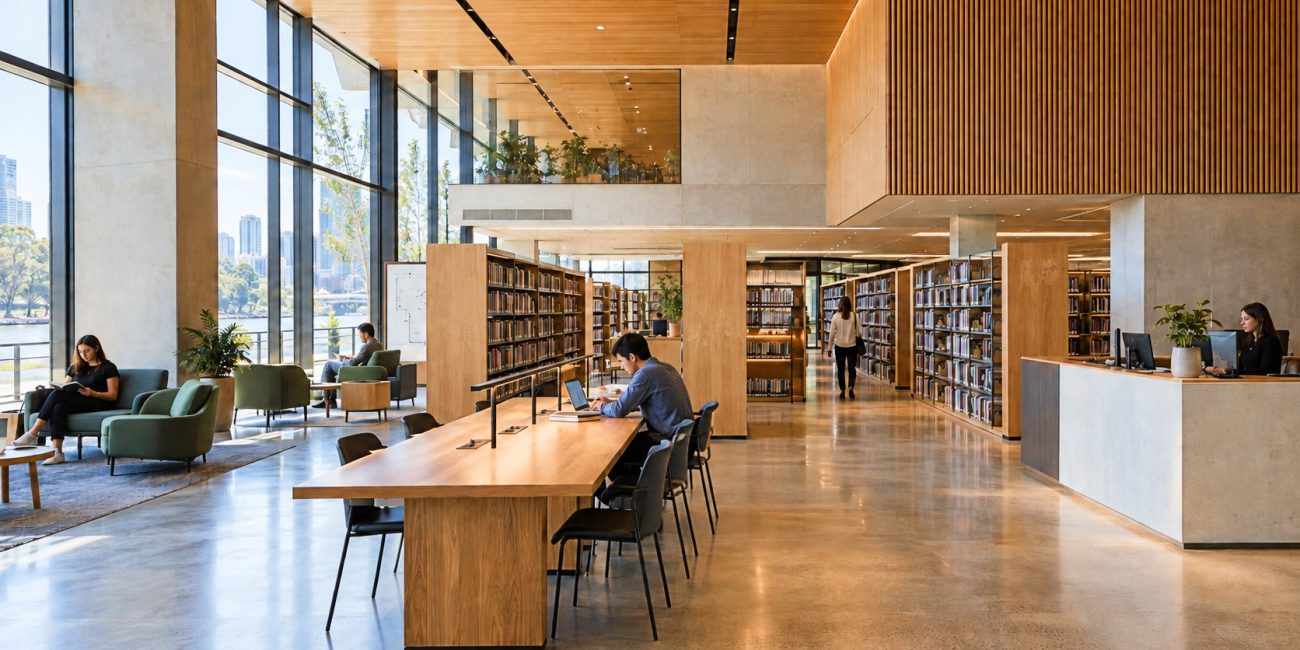 Timber acoustic wall panels integrated with shelving and lighting in a modern library